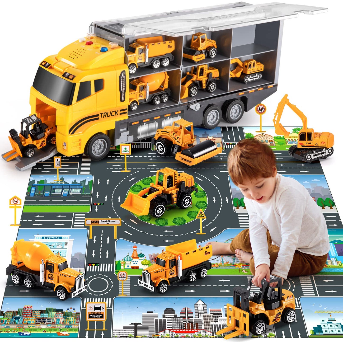 Toddler Toys for 3-9 Years Old Boys, Construction Toys Car Transport Vehicle W/Play Mat, Die-cast Alloy Engineering Vehicle Gift