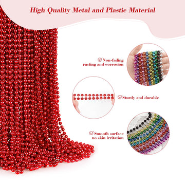 YAXINRUI 144 PCS Red Bead Necklaces, Red Christmas Mardi Gras Bead Necklaces, Red Valentine Necklace, 33 Inch Round Beaded Neckl