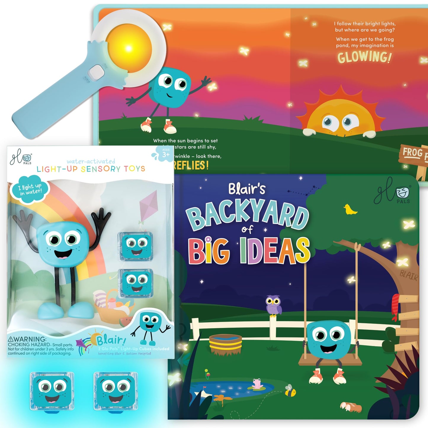 Glo Pals Blair Bath & Bedtime Bundle - Light Up Bath Toy with 1 Interactive Book, 2 Light Cubes & 1 Magic Magnifier - Toddler Ba