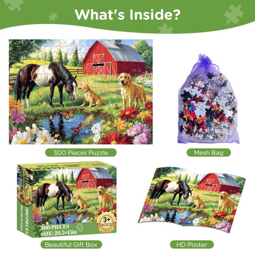 300 Piece Puzzle for mature-themeds Golden Retriever Horse on Farm Scenic Landscape Jigsaw Puzzle Jigsaw Puzzles for mature-themed 300 Piece Challenging Yet Relaxing 300 Pieces Puzzle Game for Kids mature-themeds Seniors