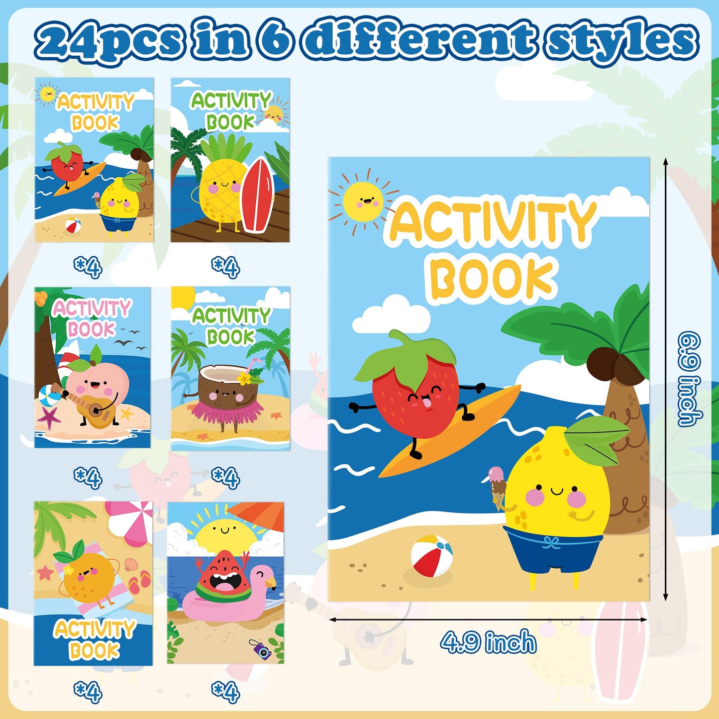 X1Zuue Summer Activity Books For Kids - 24Pcs Coloring Fruits Books Set Bulk Summer Tropical Search Mazes Word Scramble Games Mi