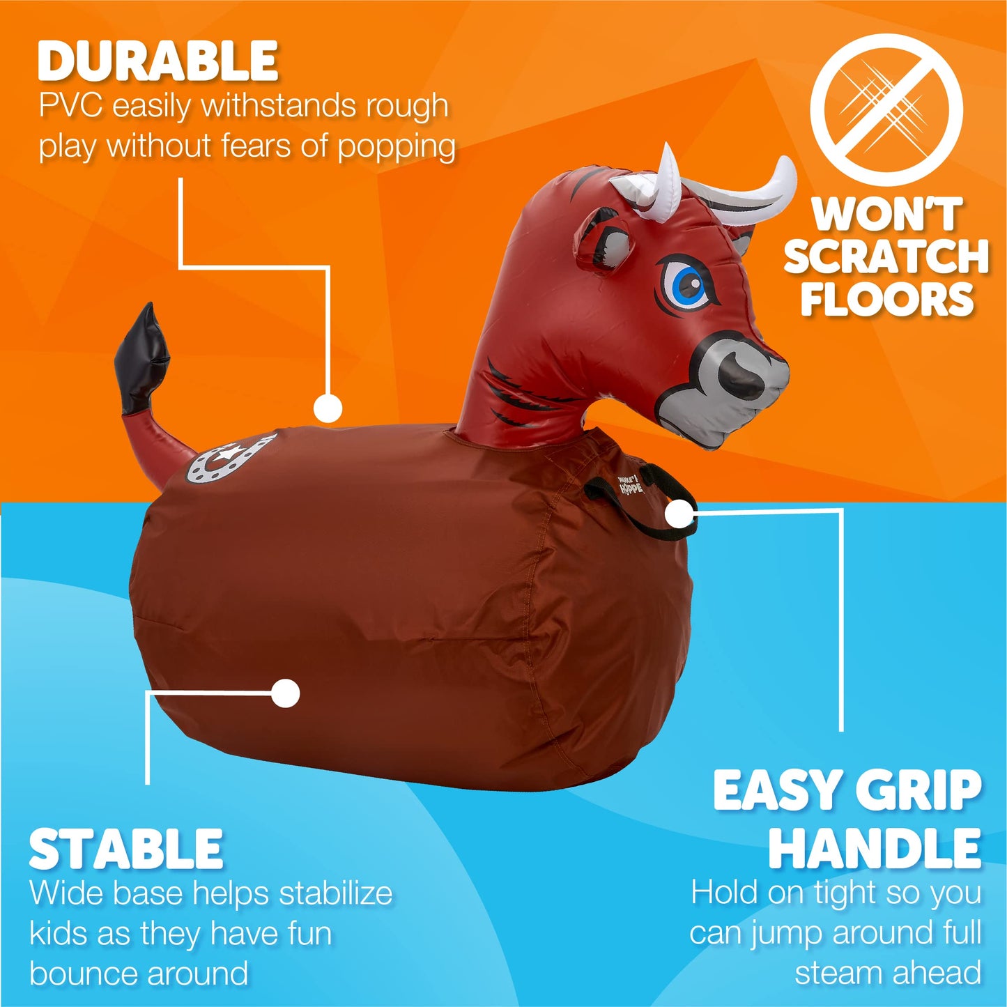 Waddle Hip Hoppers Bouncy Hopper Inflatable Hopping Animal Bouncer, Supports Up To 250 Pounds, Ages 5 And Up (Brown Bull)