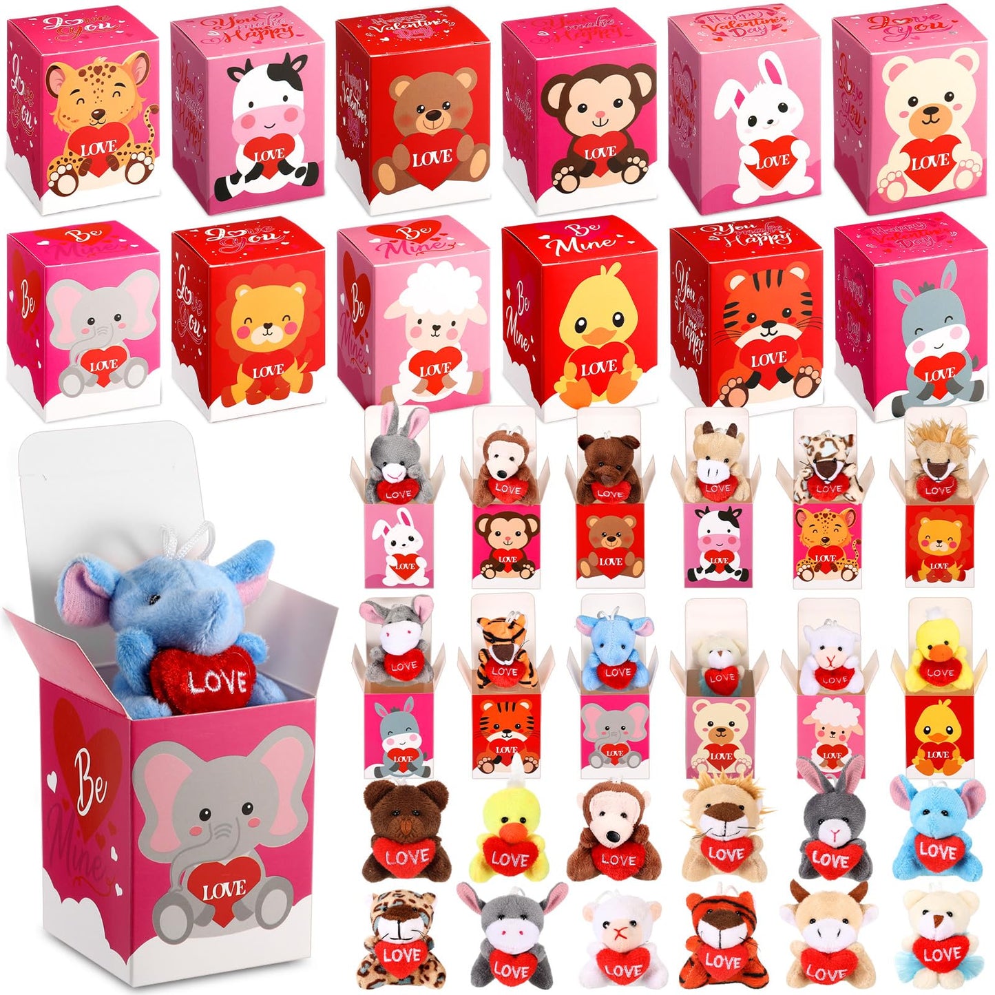 Blueweenly 48 Pcs Valentines Day Mini Stuffed Animal with Boxes, Valentine Mini Animal Plush Toy Gift Set for Valentine Party F