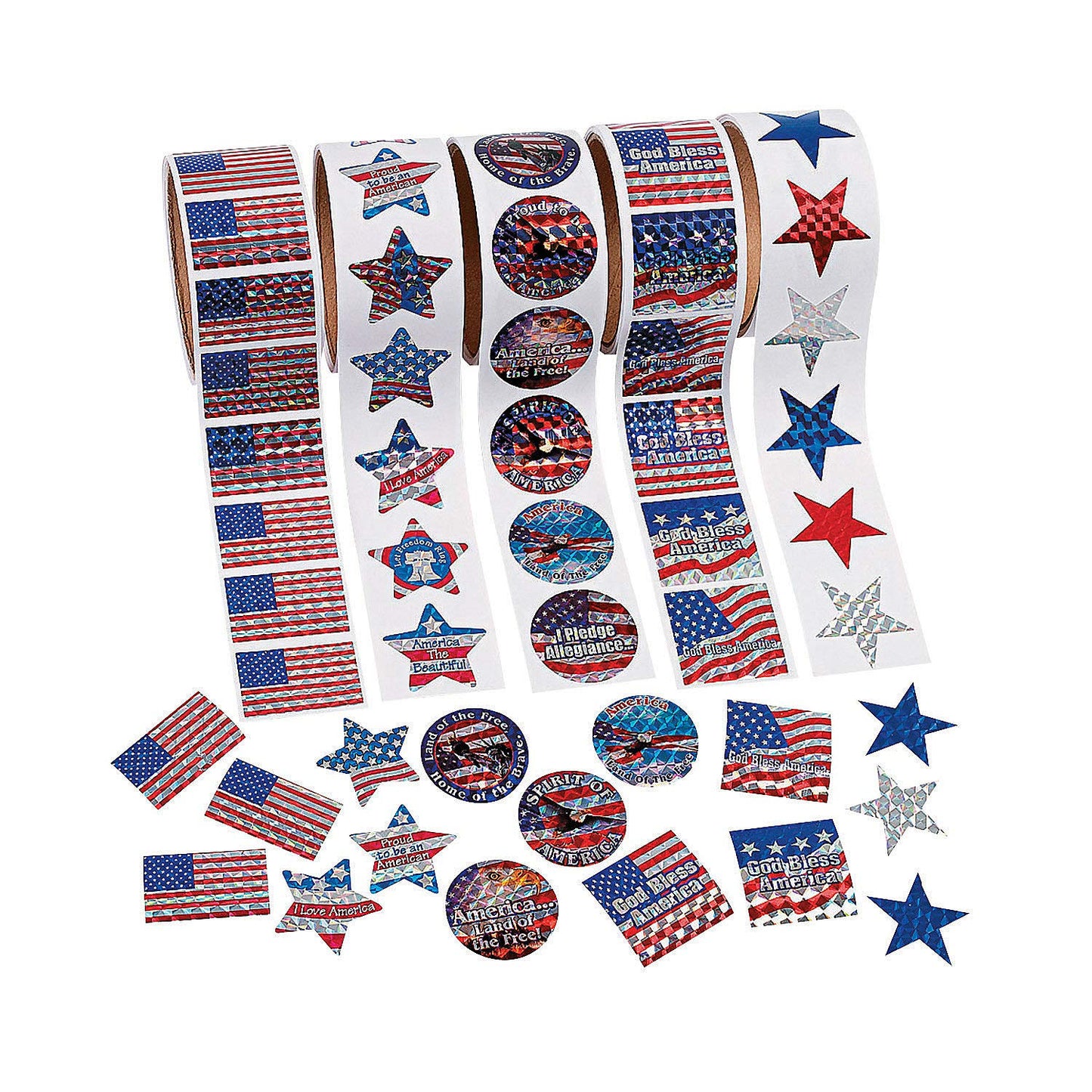 Patriotic USA Sticker Roll Set - 500 Stickers with 5 Styles - Fourth of July Stationary and Party Supplies