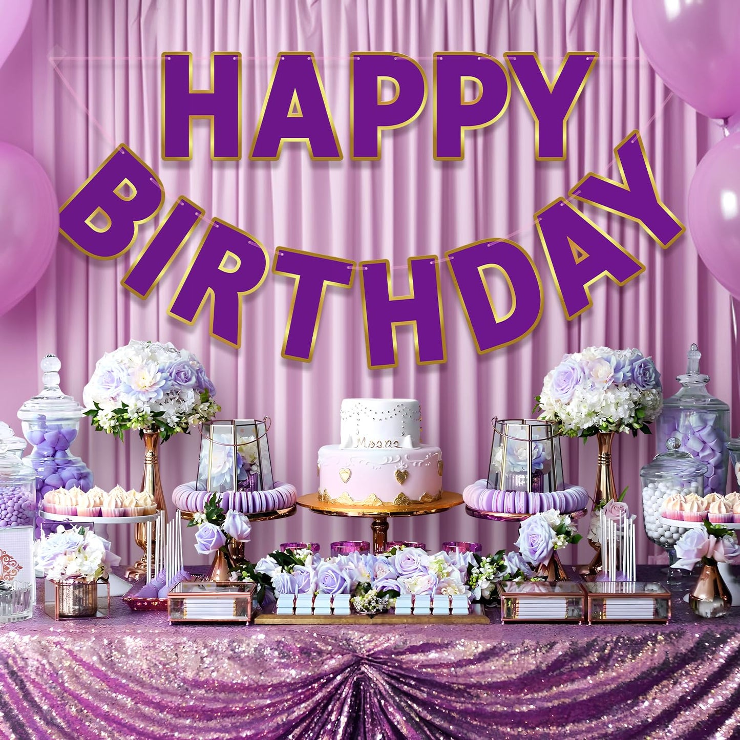 Litaus, Purple Happy Birthday Banner - Pre-Strung, 9 Ft, No Diy | Birthday Decorations | Happy Birthday Sign For Birthday Decor,
