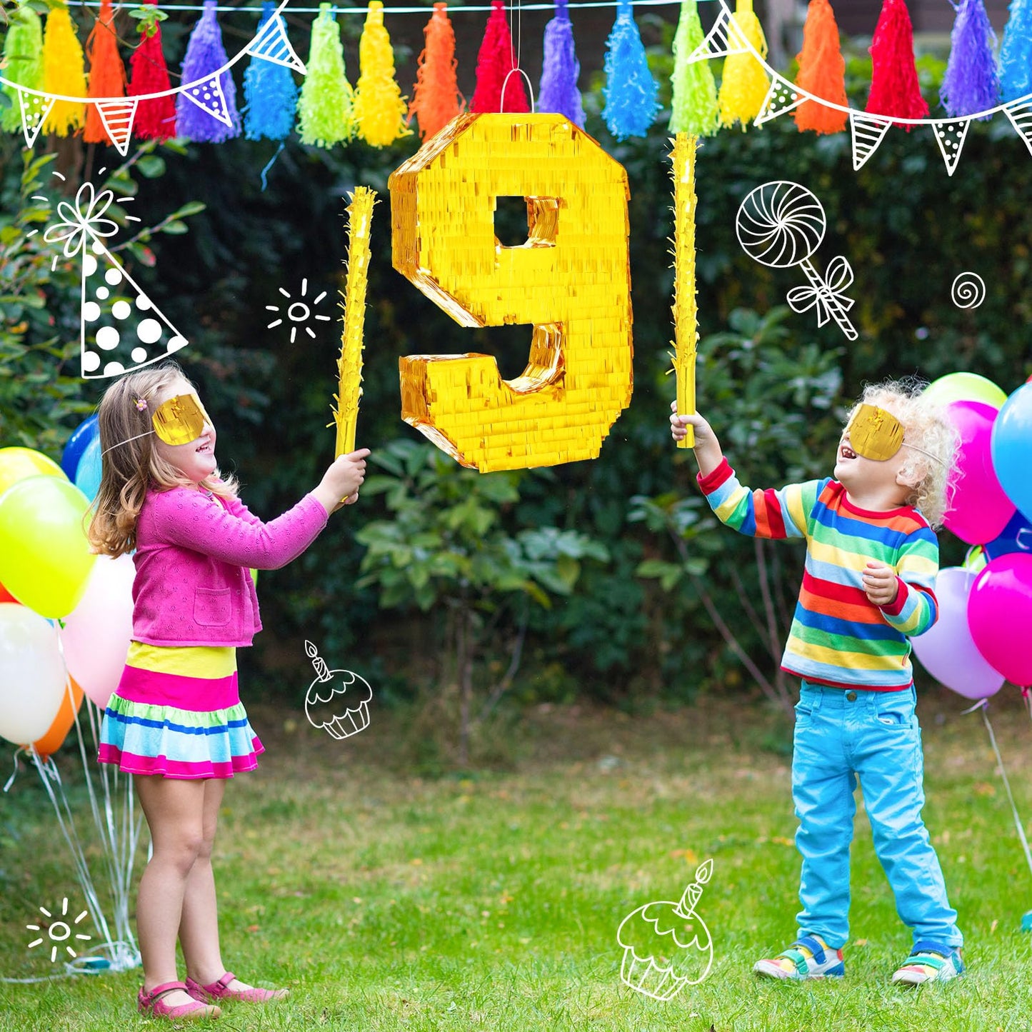 Sratte Number Piñata Birthday Piñata Decorations Gold Foil Piñata With Stick Blindfold Confetti For Boy Girl Birthday Party Decorations Anniversary Celebrations Fiesta Supplies(Number 9)