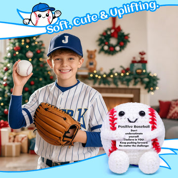 Mini Funny Positive Baseball Gifts Knitted Wool Baseball Crochet Toy with Positive Card Creative Cute Emotional Support Cheer Up Keepspirit-inspired flavor Gift for Kids Boys Men College Temmate