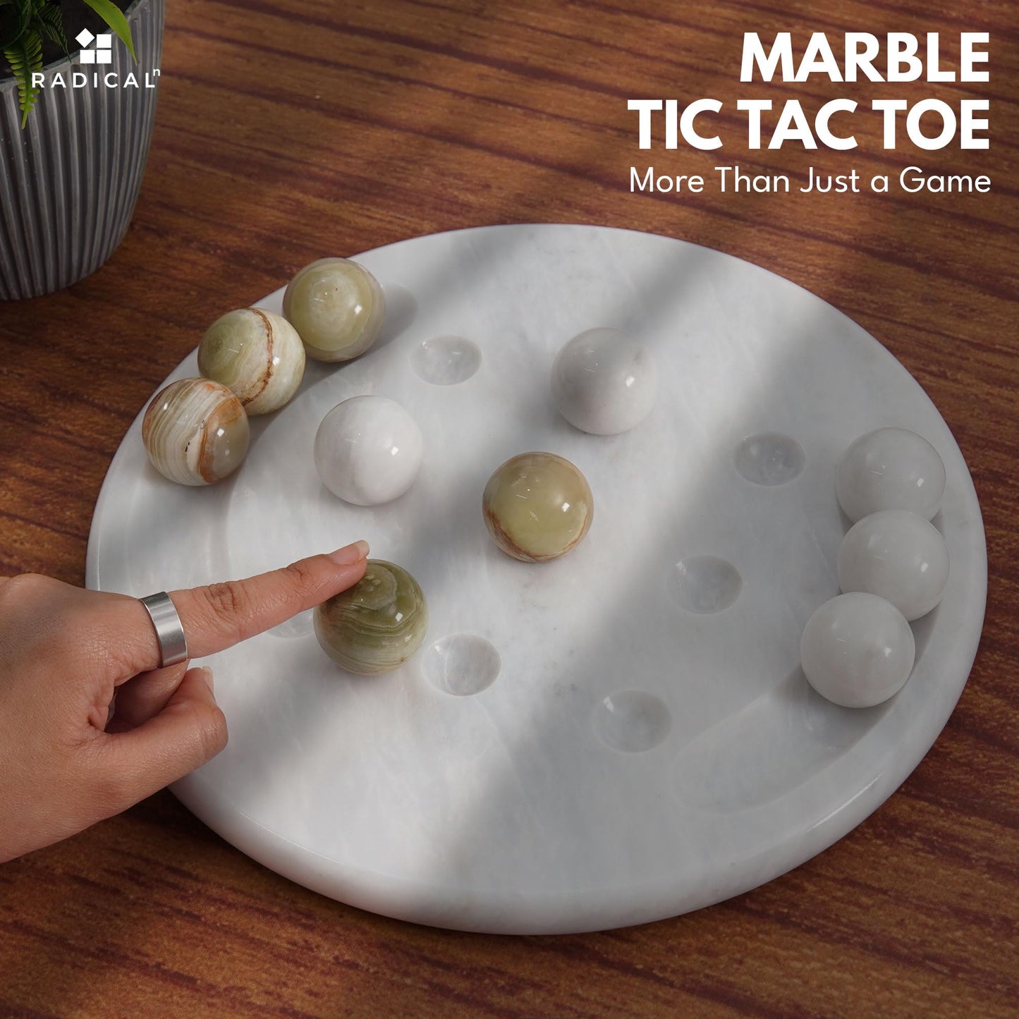 Radicaln Tic Tac Toe 10'' Inches White & Green Handmade Marble Strategy Game & Family Board Games For Adults Modern Decorative M