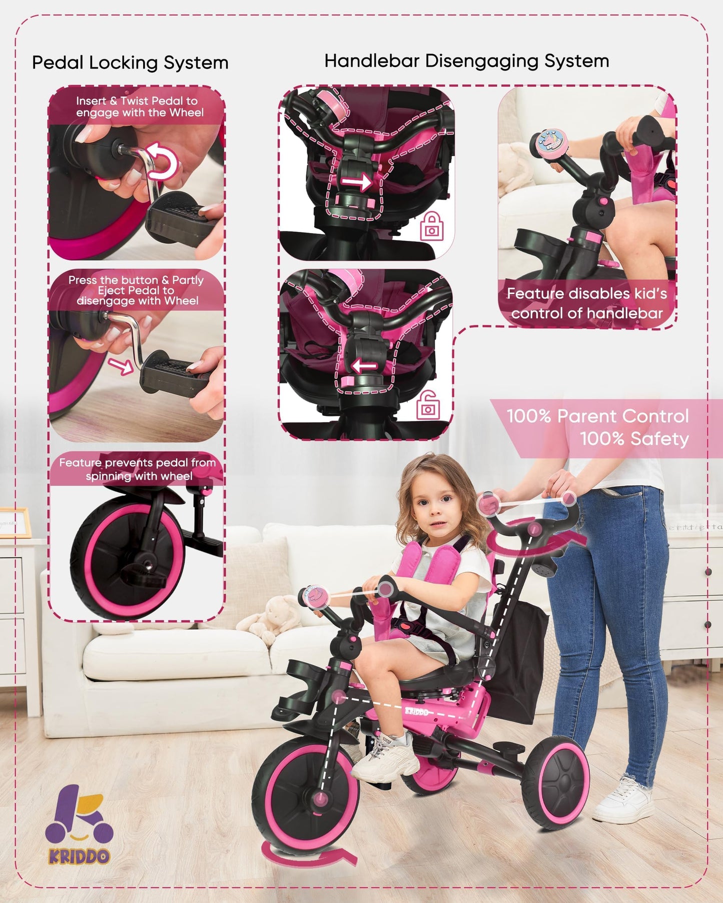 KRIDDO 8-in-1 Foldable Tricycle Stroller for Toddlers 18 Months to 5 Years, 5-Point Seatbelt, 1-Step Brake Pedal, Extended Canop