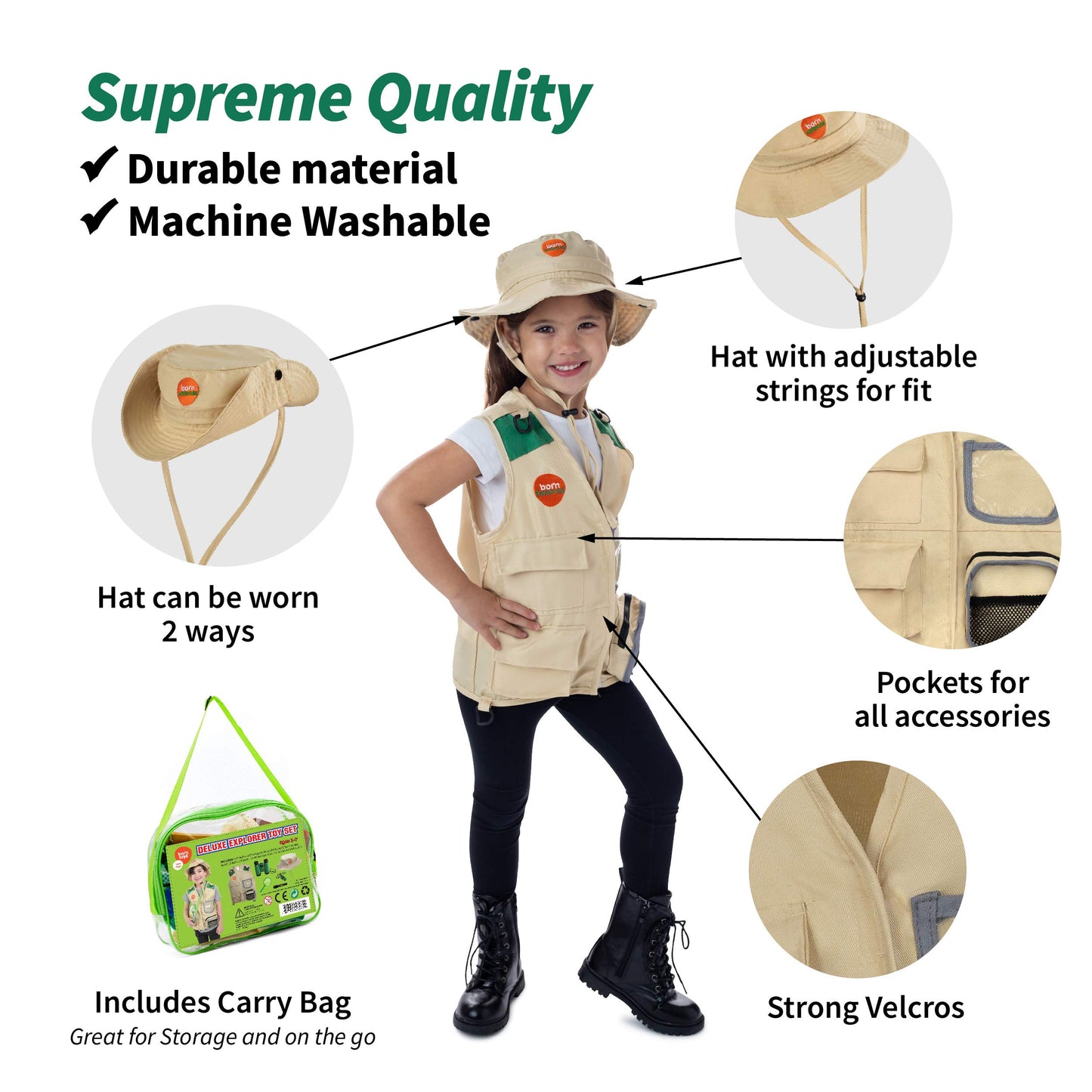 Born Toys Premium Outdoor Explorer Kit For Kids For Dress Up & Pretend Play Costumes For Boys & Girls 3-7 W/ Washable Kids Safari Vest Safari Hat And Binoculars- Outdoor Explorer Set & Scavenger Hunt