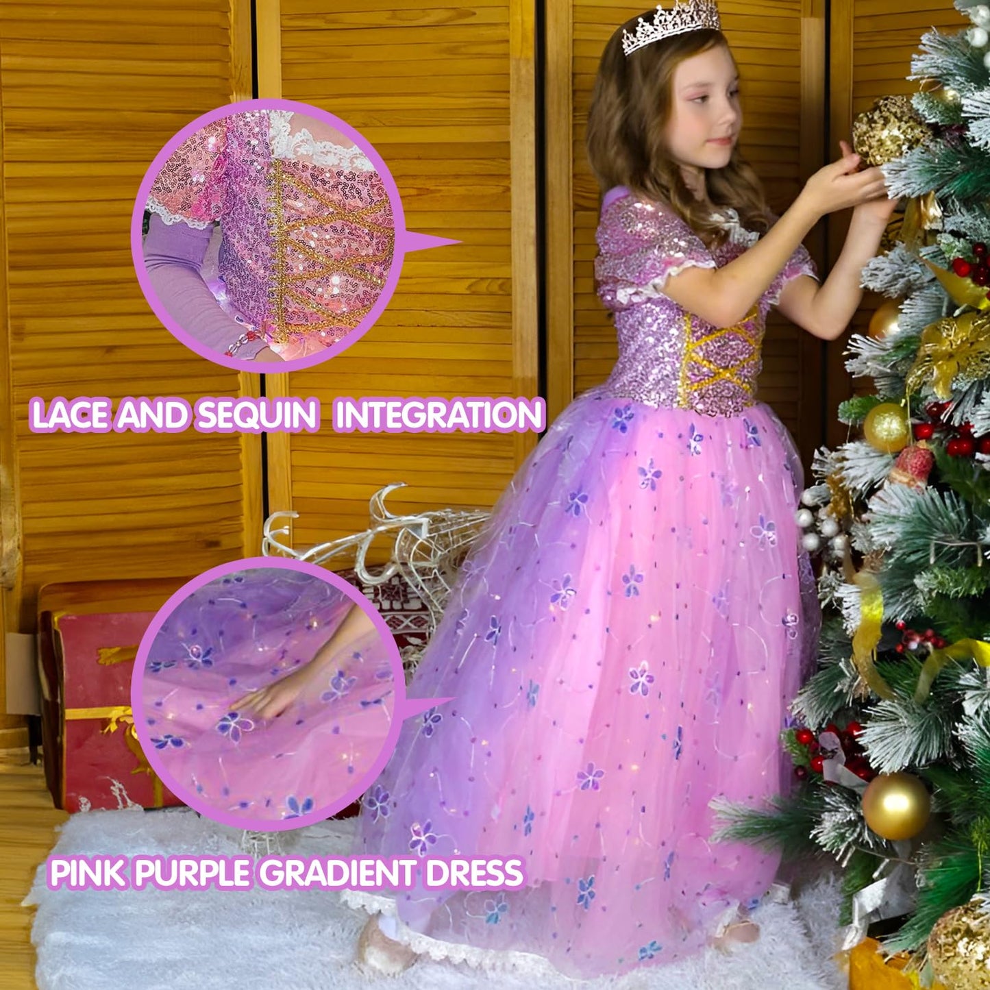 Uporpor Light Up Princess Dress Up Clothes Led Halloween Girls Costume Outfit Fancy Christmas Kids Party Dresses Toddler, Pink Purple 140