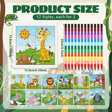 Fullhawl 24 Pack Wild Animal Puzzles Jungle Safari Color Your Own Puzzles DIY Wild One Jigsaw Puzzles with 12 Stackable Crayons and 12 Bags for Safari Theme Gifts Birthday Party Supplies