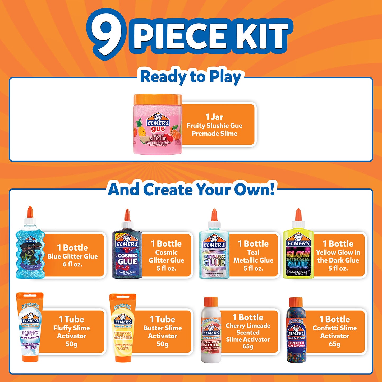 Elmer’S All-Star Slime Kit, Includes Liquid Glue, Slime Activator, And Premade Slime, 9 Count