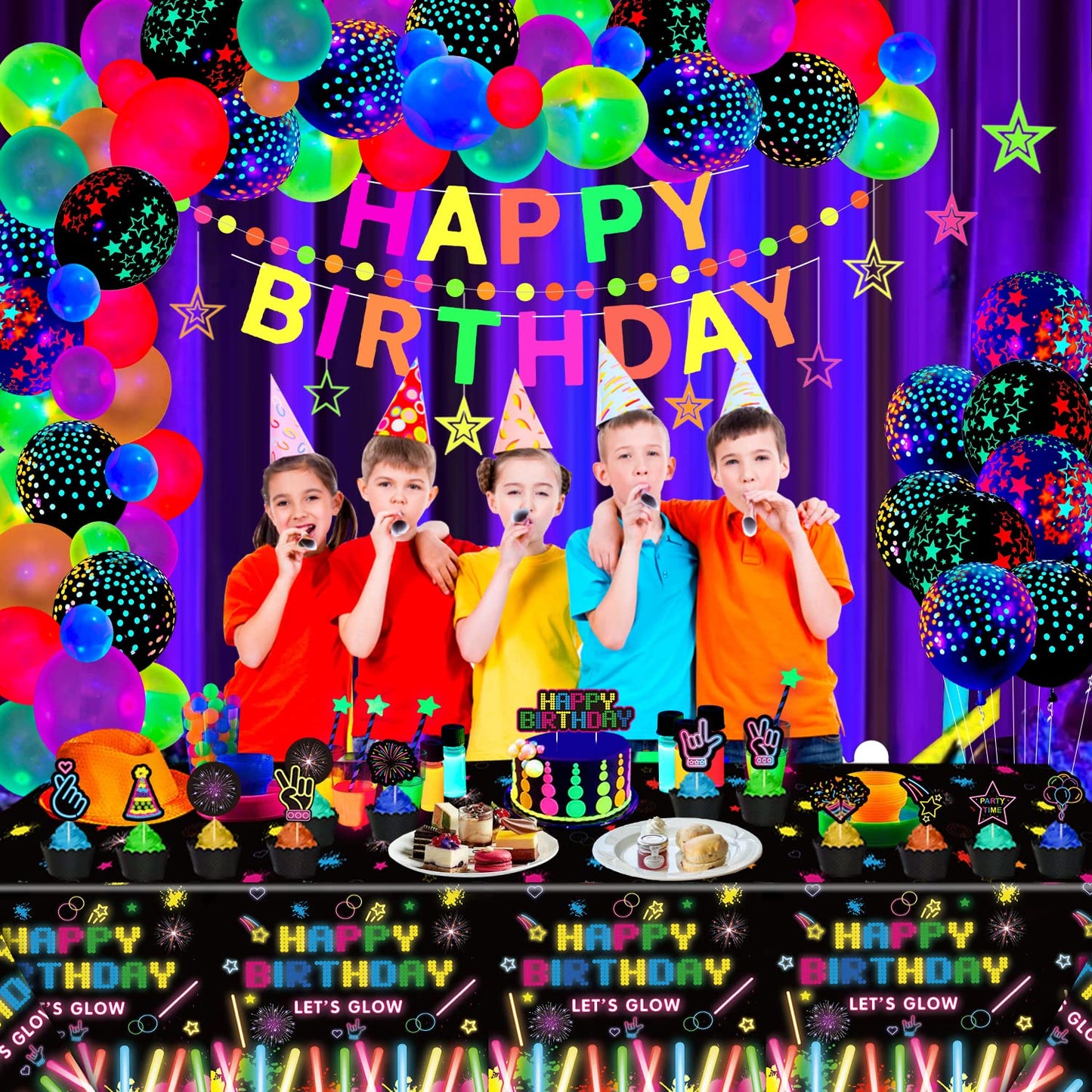 80 Pack Glow Neon Party Supplies Glow Party Decorations Black Light Reactive Decor Set - Fluorescent Banner, Blacklight Garland,