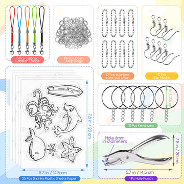Petdcheb Shrink Paper Kit, 160 Pieces Art Craft Kit Including 25 Patterned Shrink Plastic Sheets, Keychain And Jewelry Accessori