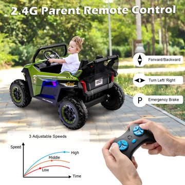 Olakids 2 Seater Ride On Car For Kids, 12V Utv Kids' Electric Vehicles With Remote Control, Spring Suspension, Soft Start, Music Bluetooth Fm, Battery Powered For Ages 3-8 (Green)