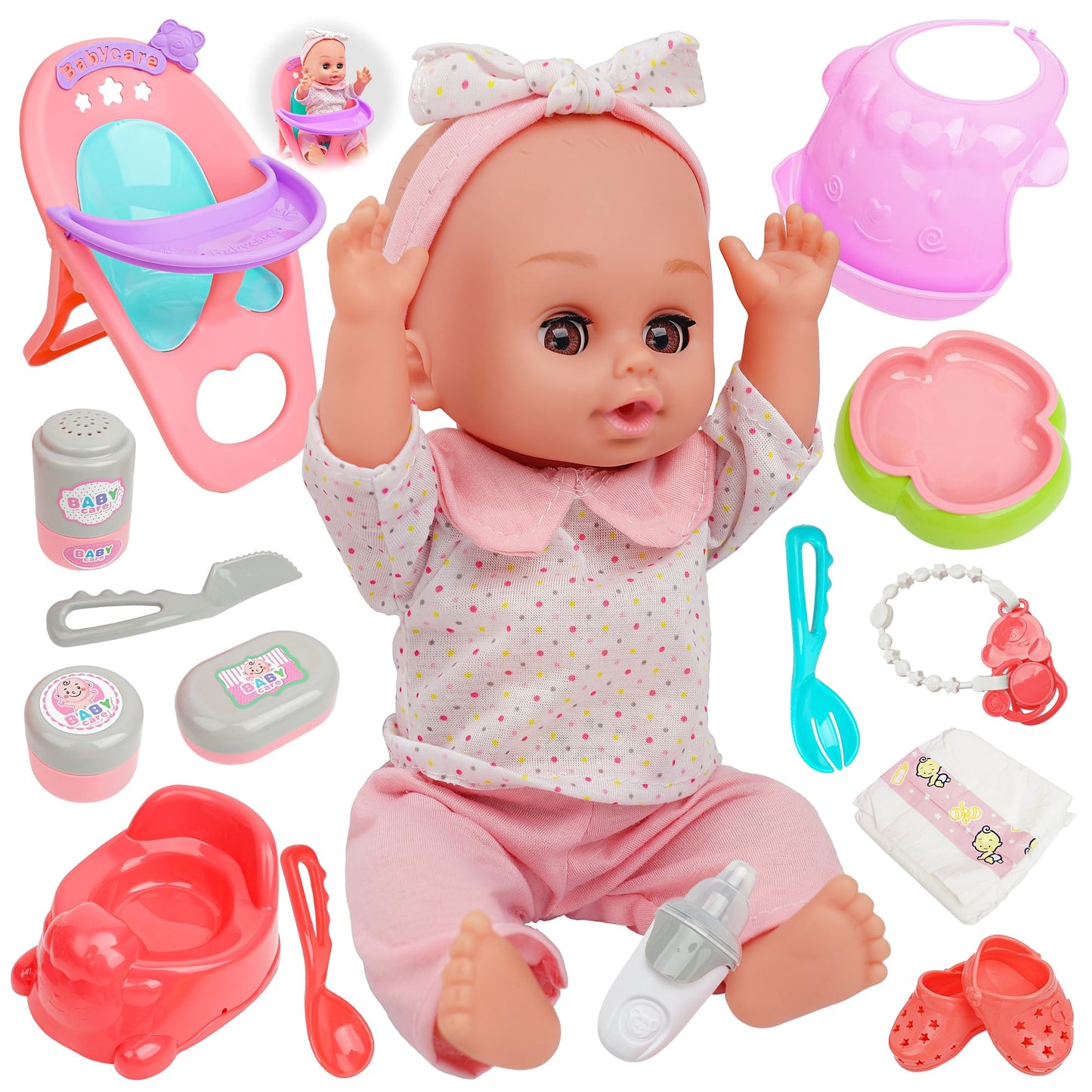 14'' Baby Doll, Dolls Play Set With Open/Close Eyes | 15 Piece Gift Set With Bottle, High Chair, Pacifier & Accessories | First