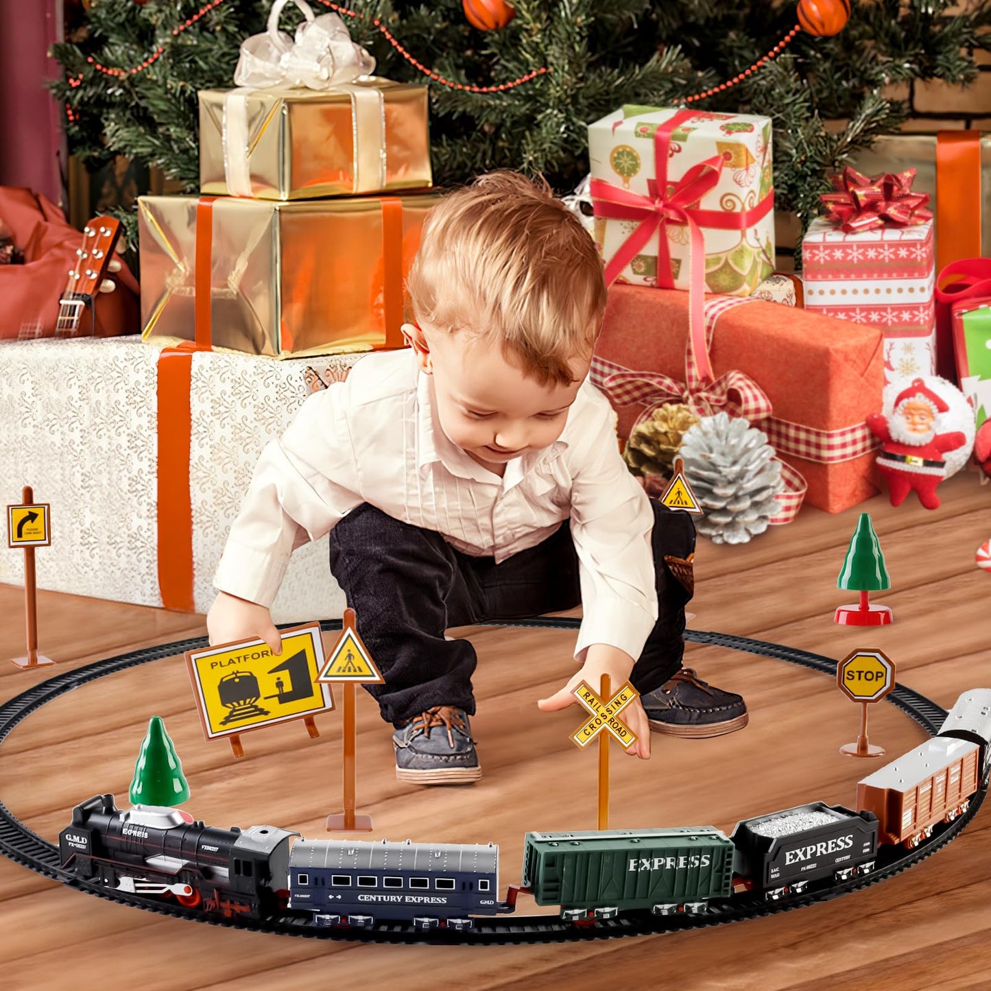 Deao Train Set With Light For Kids, Cargo Cars And Long Track For Boys & Girls Aged 3-12, Train Toys Railway Kits With Signposts & Trees, Electric Train Race Track Playset,Great For Birthday & Xmas