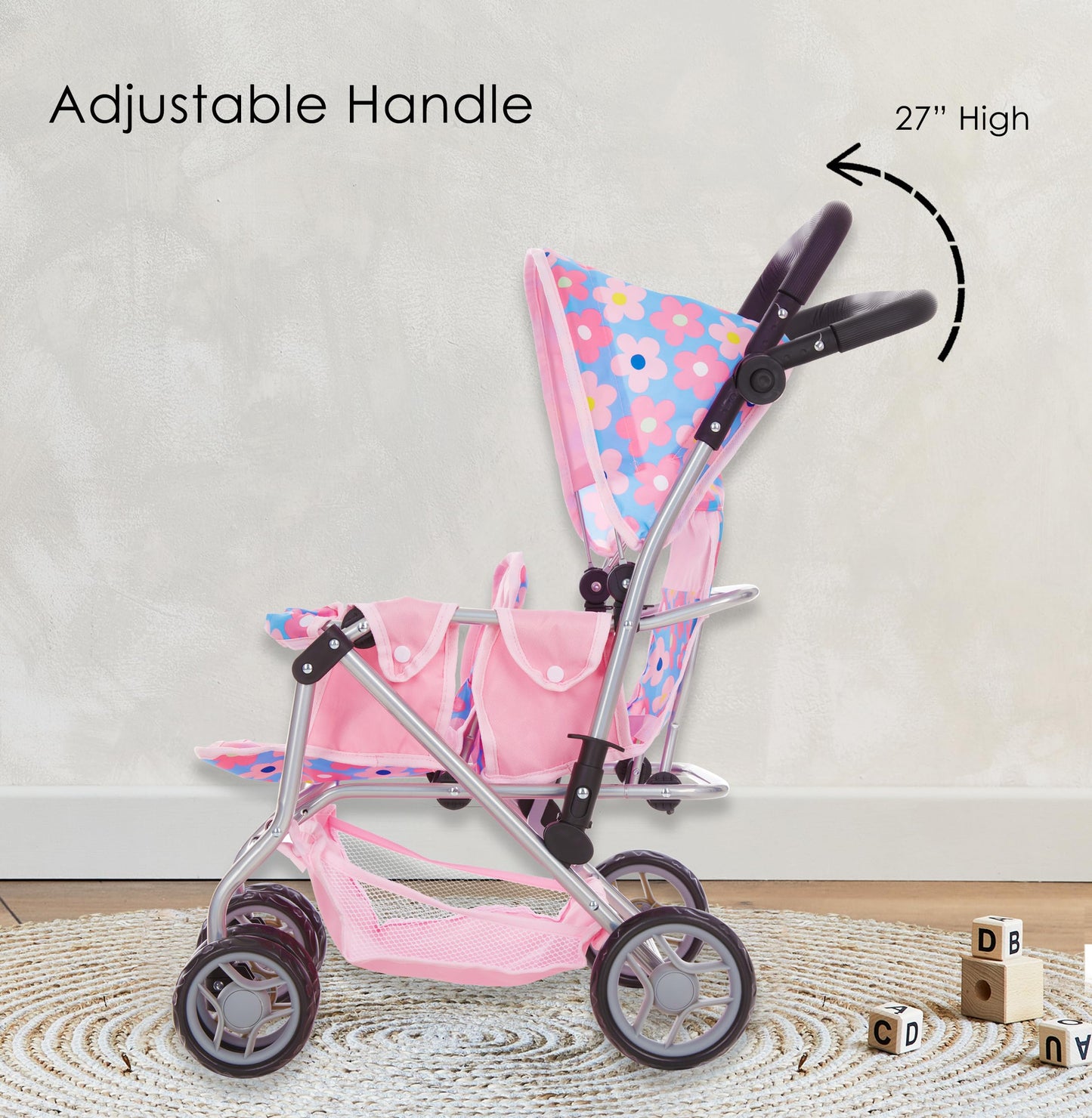 Baby Doll Double Stroller Twin Buggy Carriage Pretend Play for Girls Kids Toddlers 27 Inches High Rotating Wheels Storage Basket Diaper Bag Pink