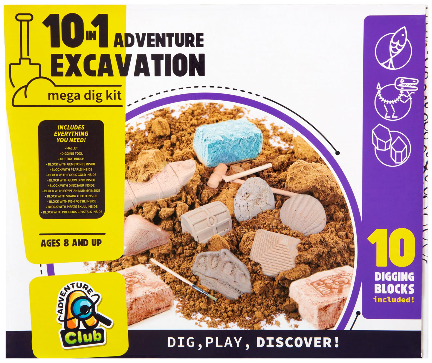 Adventure Club By Anker Play Products, 10 In 1 Treasure Excavation Kit - Kid'S Fossil Treasure Play Set - Children'S Discovery E