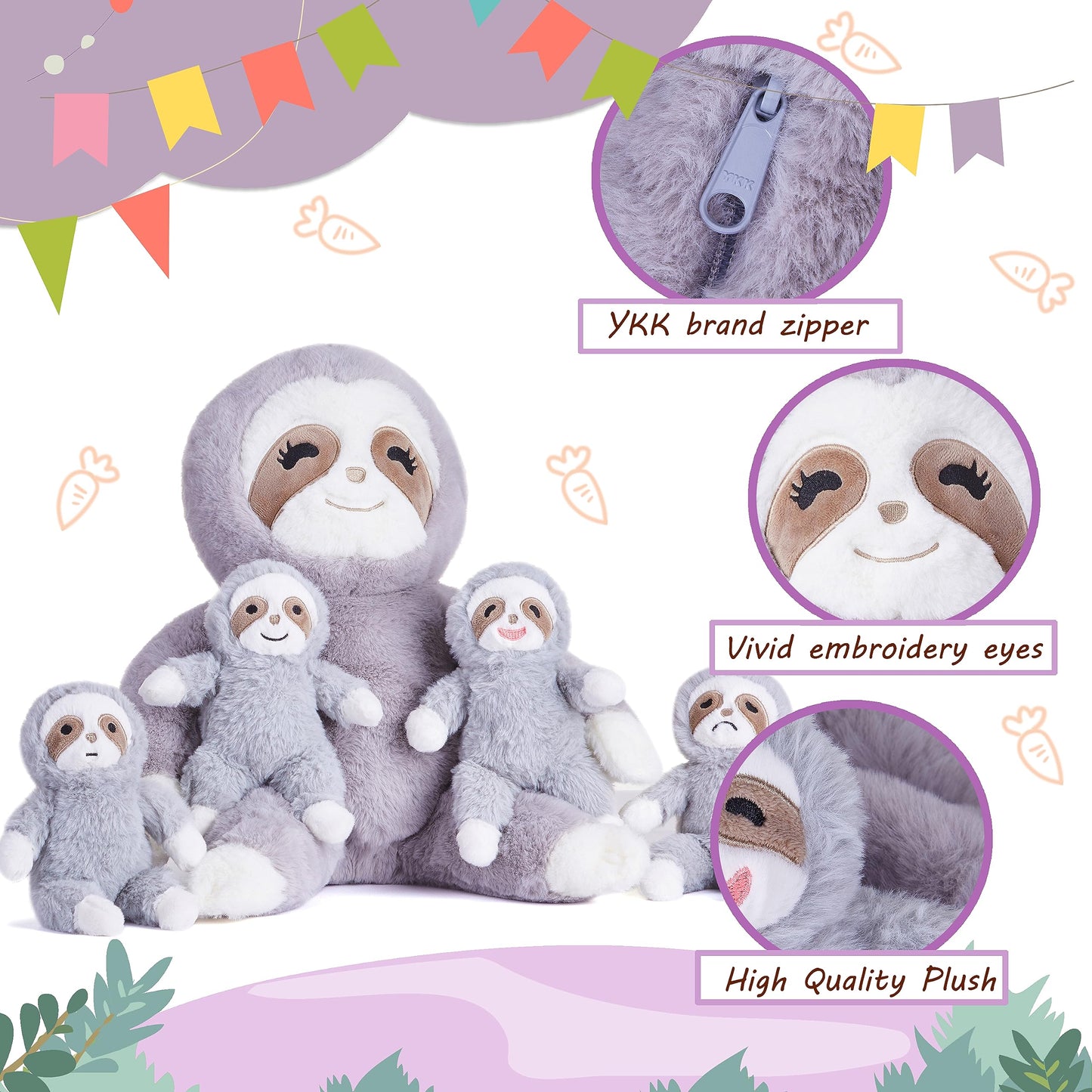 Earthsound Sloth Mom And Baby Stuffed Animal Mommy Plush Toy,18'' Cute Small Fluffly Mama Soft Toy With Little Babies,Family Set