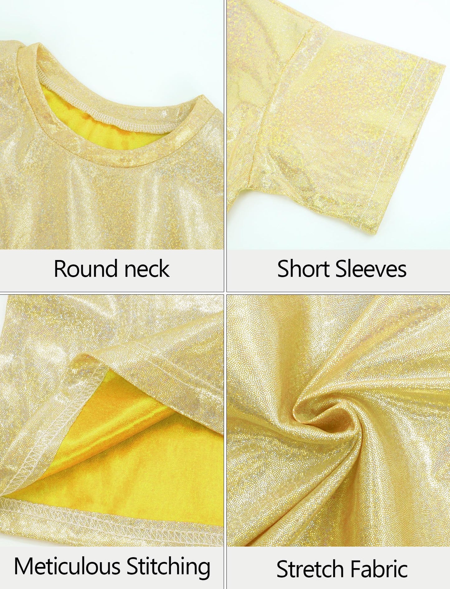 Happy Cherry 2Pcs Kids Girls Shiny Metallic Short Sleeve Crop Top With Pleated Skirt Set Dancewear Performance Costumes Gold 3-4
