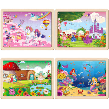 Synarry Large Unicorn Mermaid Princess Fairy Wooden Kids Puzzles 4 In 1 Gift Box(12.2*9.4 In) - Fsc Certified, Puzzles For Toddlers 3-5, Puzzles For Kids Ages 4-6, Toys Gifts For 3 4 5 Year Old Girls