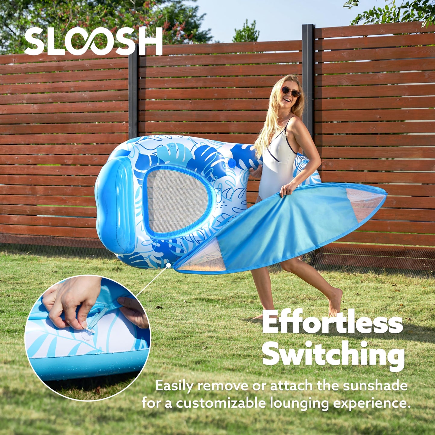 SLOOSH Inflatable Pool Floats Lounger mature-themed Pool Lounge with Canopy Raft Floaties Water Floating Recliner Chair with Cup Holders Foot Rest Swimming Floaty