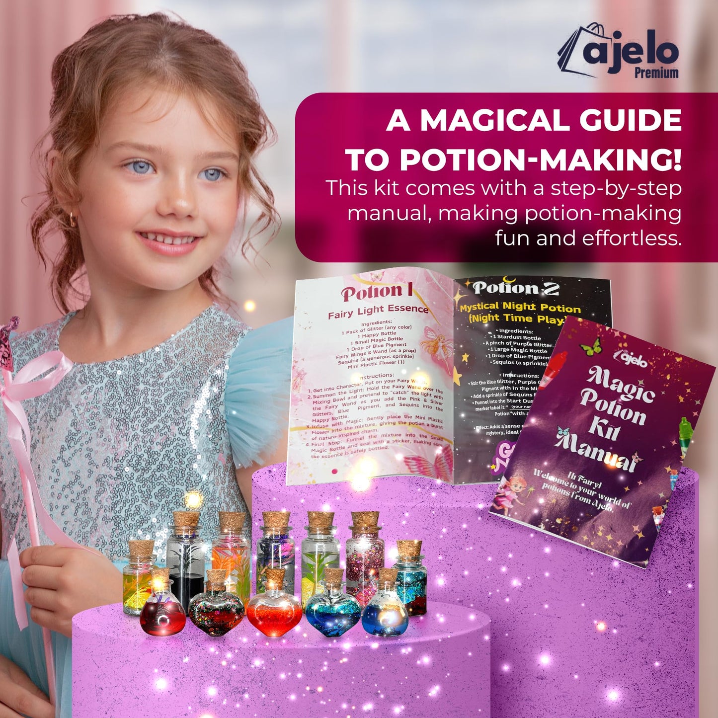 Ajelo Fairy Potions Kit for Kids Magic Set with Wings Wands, 15 Bottles, Halloween & Christmas Party DecorationsToys Girls & Boy