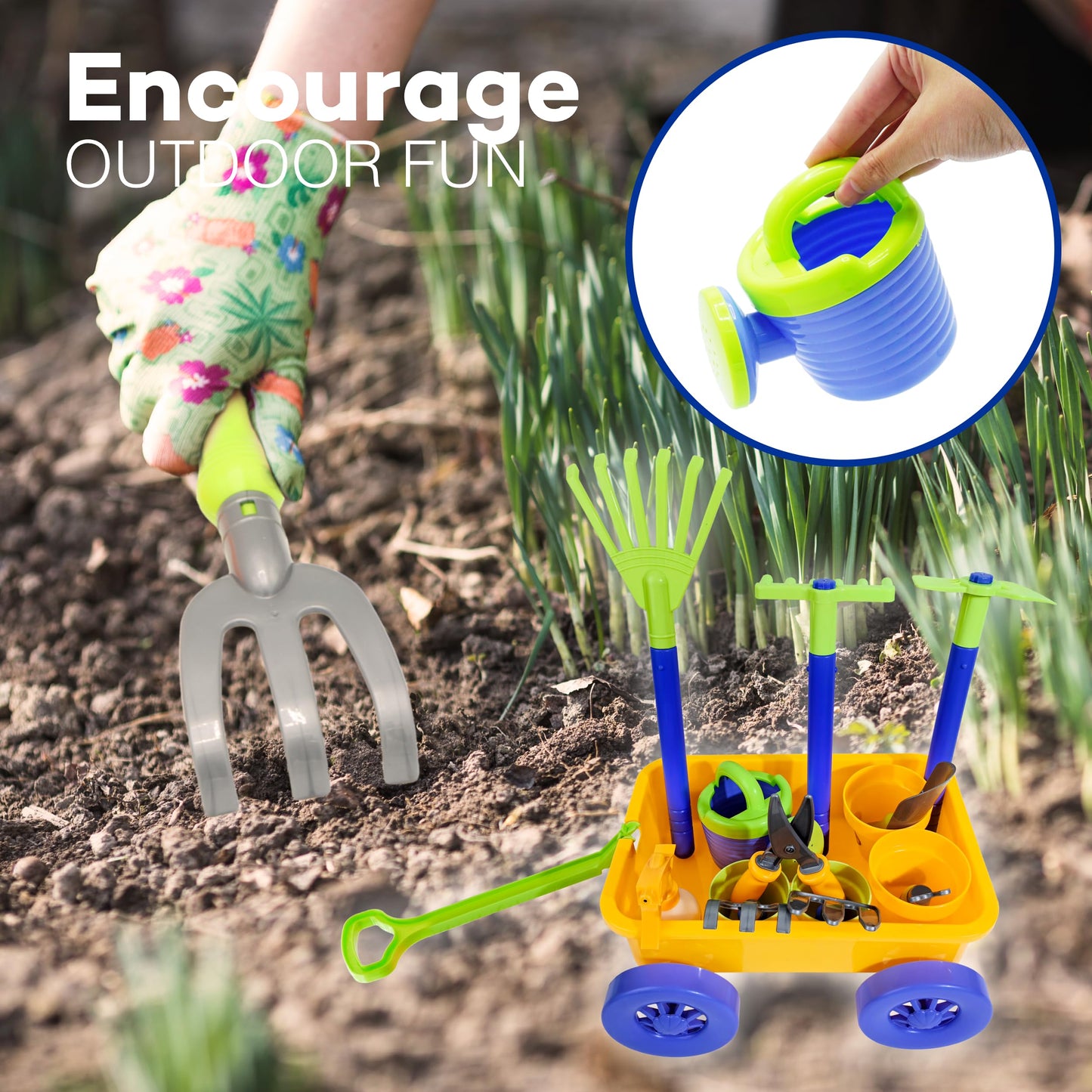 15 Piece Gardening Tools & Wagon Toy Set With Plastic Wheelbarrow, Apron, Stem Pretend Play Outdoor Toy For Toddlers Kids Boys Girls By 4E'S Novelty