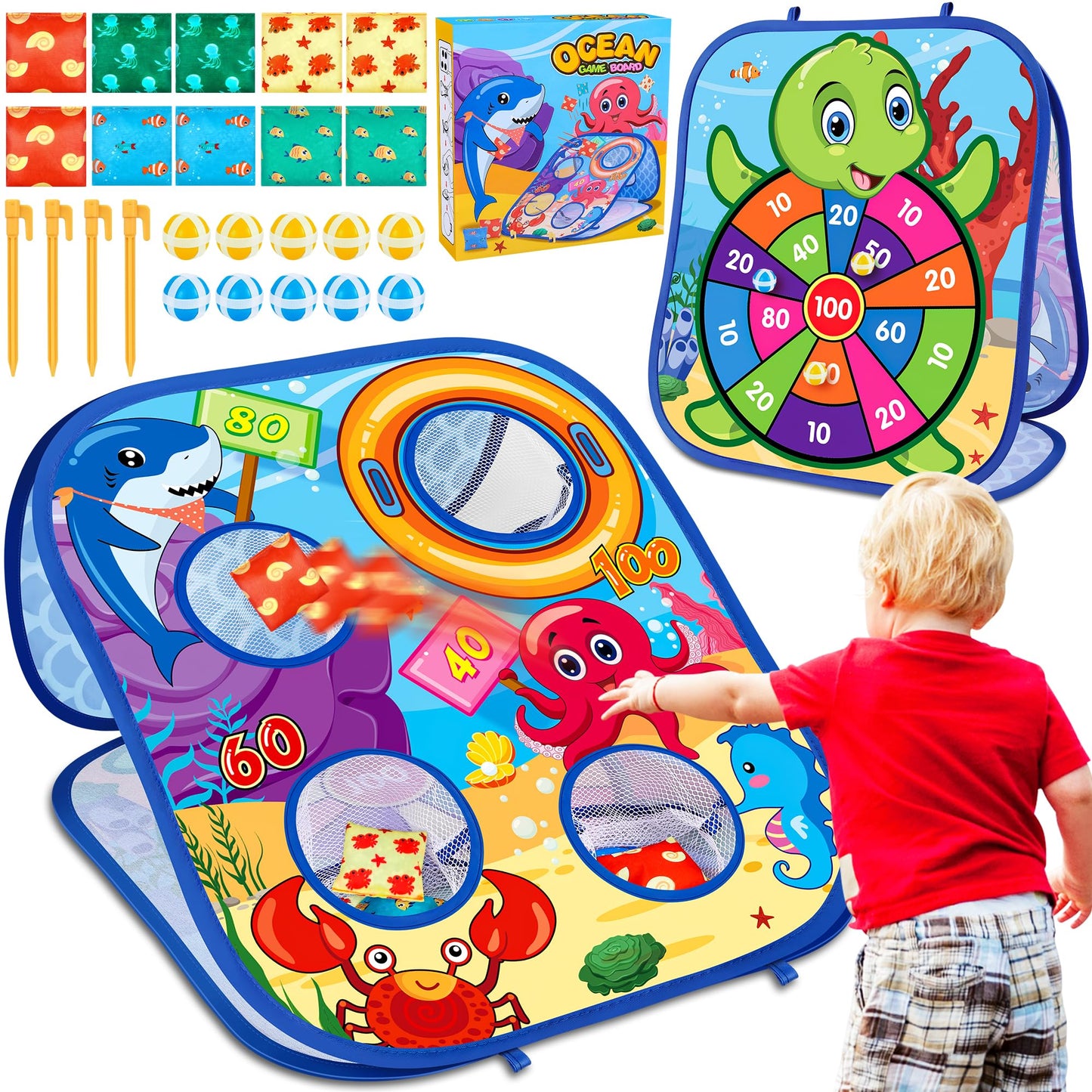 Ocean Bean Bag Toss Game Toy Outdoor Toss Game, Family Party Party Supplies For Kids, Gift For Boys Birthday Or Christmas For Toddlers Ages 3 4 5 6 Year Old (Ocean)