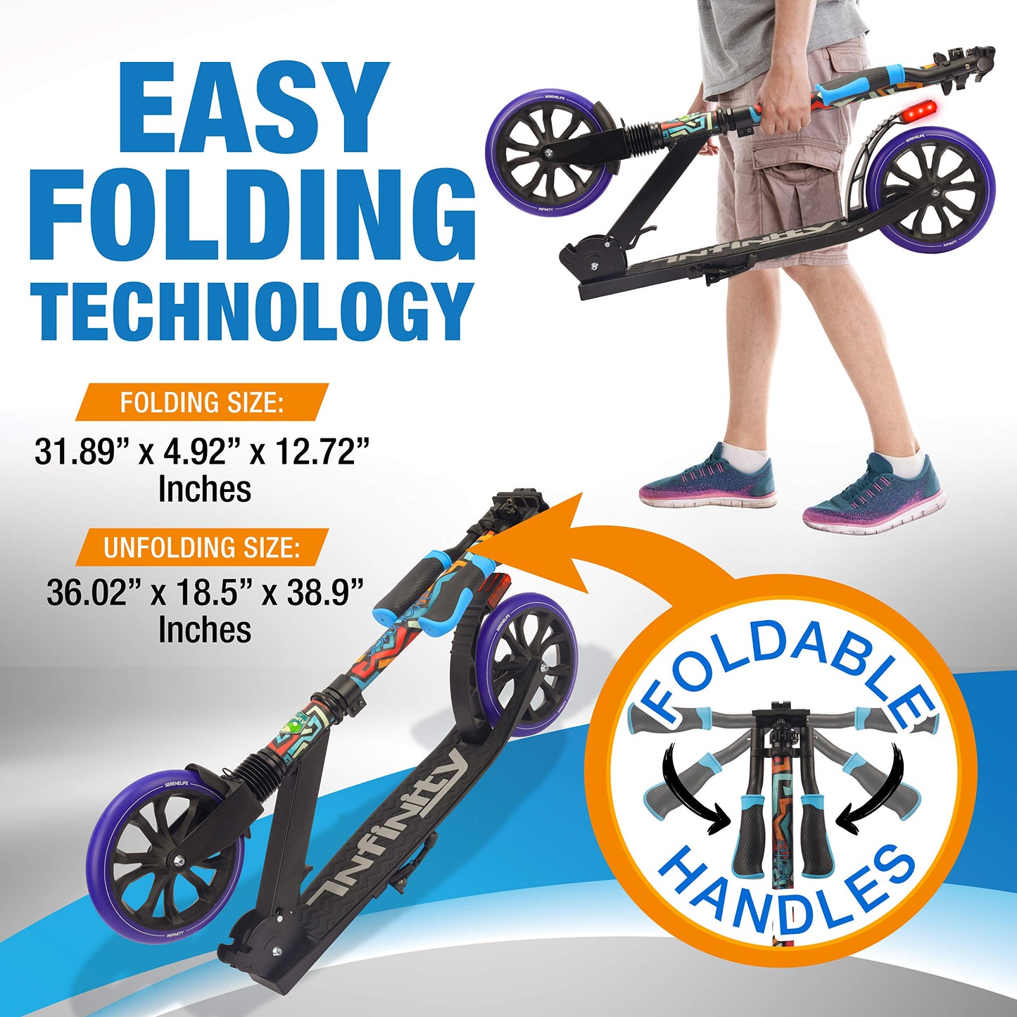 SereneLife Kick Scooter mature-themed Teenagers Kids- 2 Wheel Kids Scooter with Adjustable T-Bar Handlebar - Alloy Anti-Slip Deck - Portable Folding Scooters for Kids with Carrying Strap - Graffiti