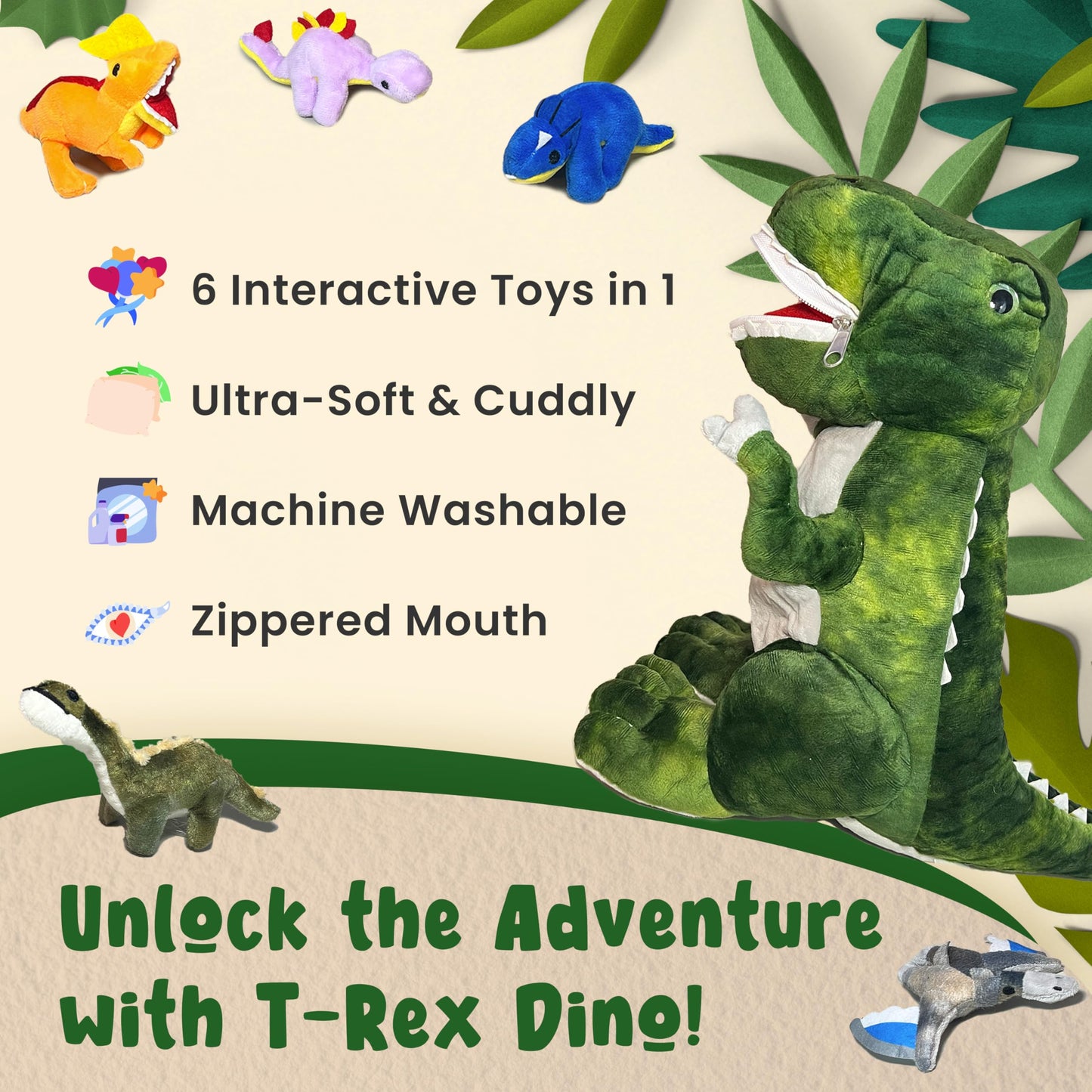 Dreamsbe Dinosaur Stuffed Animal T-Rex And 5 Little Dinos For Boys & Girls - Plush Stuffie With Zippered Pocket Eating Dinosaurs Gift Ages 3 4 6 7 8 9 Years