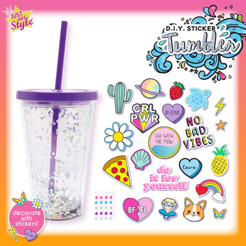 Just My Style DIY Sticker Tumbler, Style & Embellish Your Own BPA Free VSCO Glitter Water Tumbler, Reusable Stickers Included, G