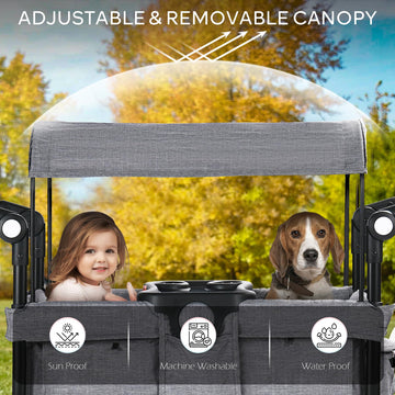 Kinder King Folding Wagon Stroller For 2 Kids, Convert To Newborn Bassinet, 2 Seater W/Removable Canopy, Adjustable Handle, All-