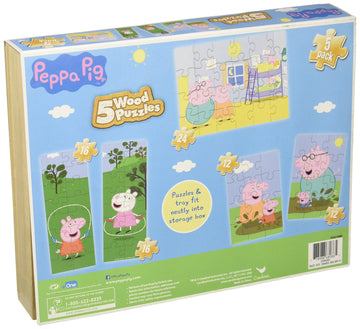Peppa Pig 5 Wood Puzzles In Wooden Storage Box (Styles Will Vary)