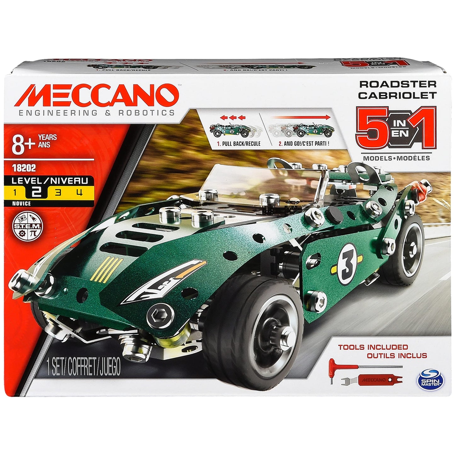 Meccano By Erector 5 In 1 Roadster Pull Back Car Building Kit, Stem Engineering Education Toy For Ages 8 And Up