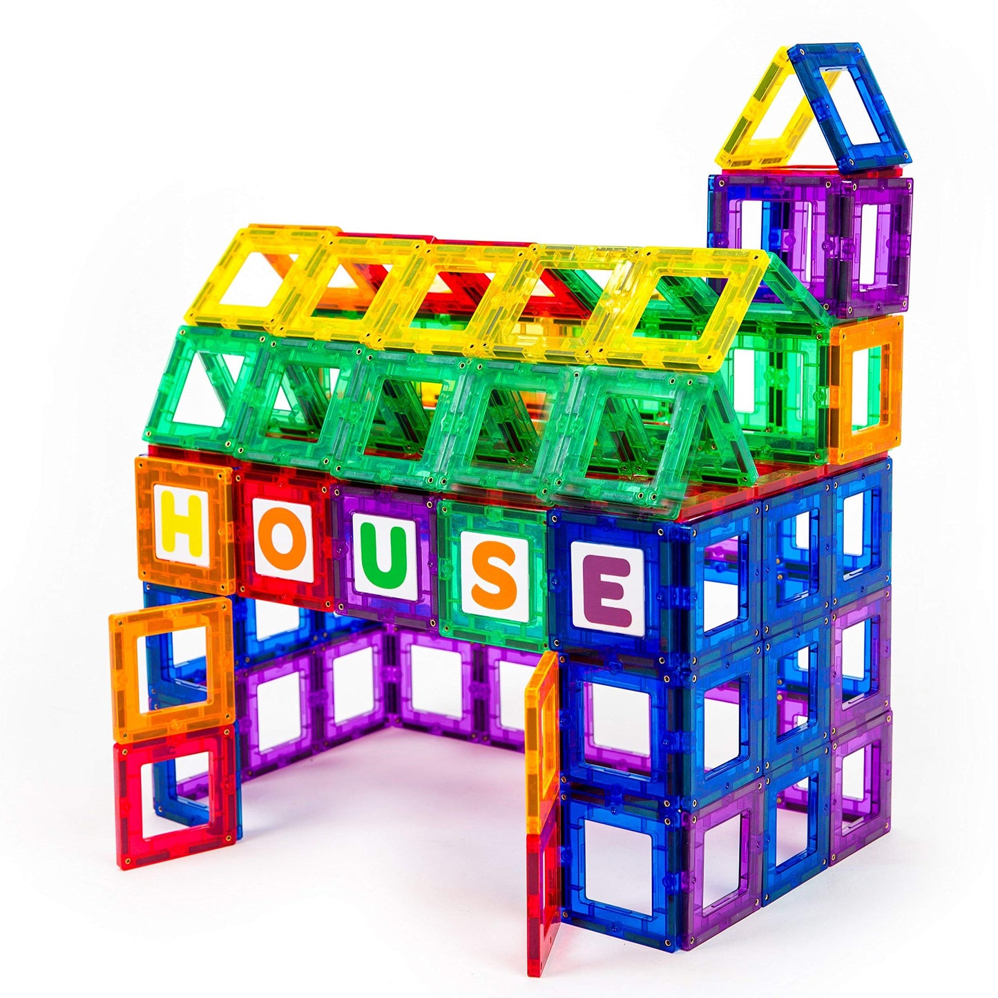 Playmags Magnetic Tile Building Set: Exclusive Educational Clickins – 80-Pc. Kit: 40 Super Strong Clear Color Magnet Tiles Windows & 40 Letters & Numbers – Stimulate Creativity & Brain Development