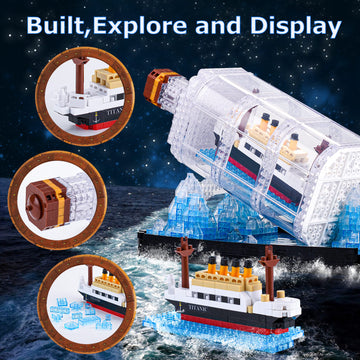 Vziimo Titanic Ship In A Bottle Micro Mini Building Set, Titanic Toys Model Collectible Display Sets, Building Kits For Adults Kids Teens Age 14+ Gift (1102 Pcs)