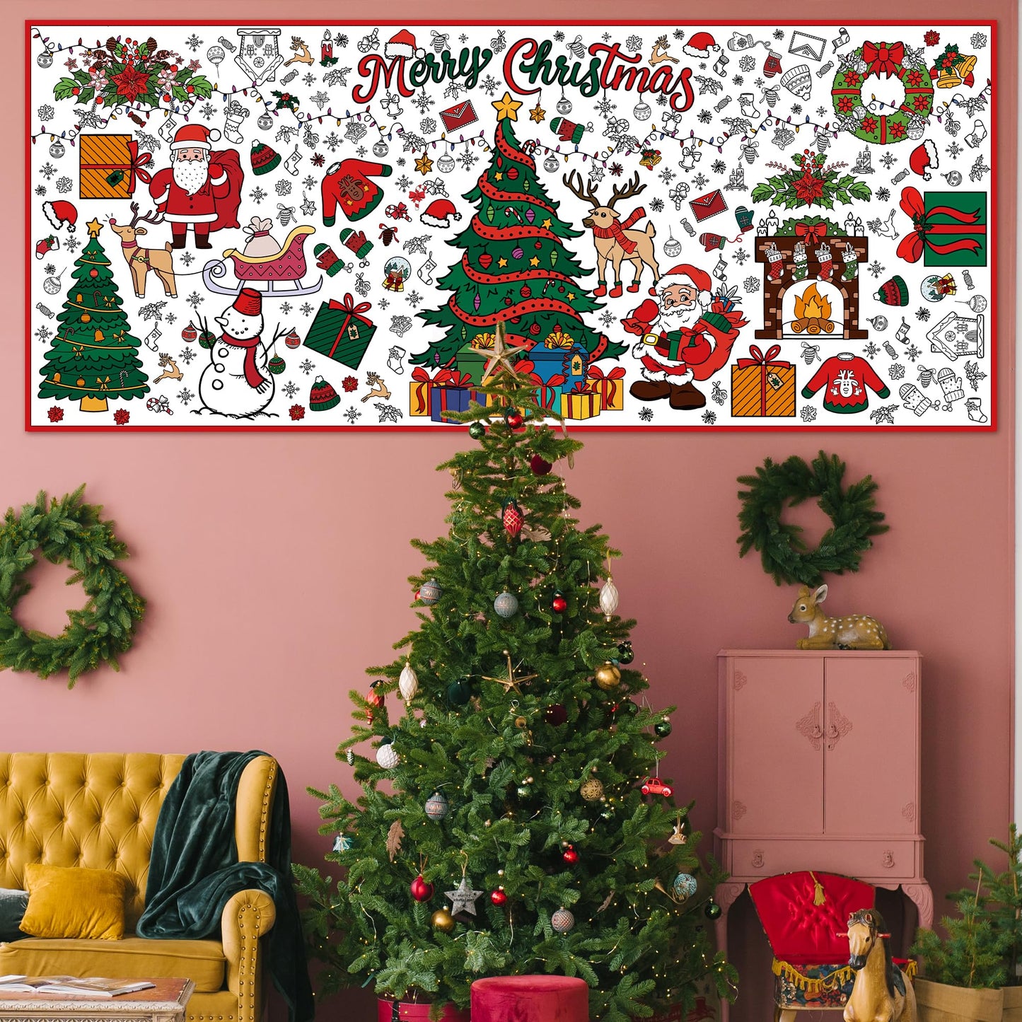 Ohome Xmas Giant Coloring Poster/Tablecloth-Christmas Crafts For Kids-30 X 72 Inches Jumbo Paper Coloring Banner Kids Gifts Acti