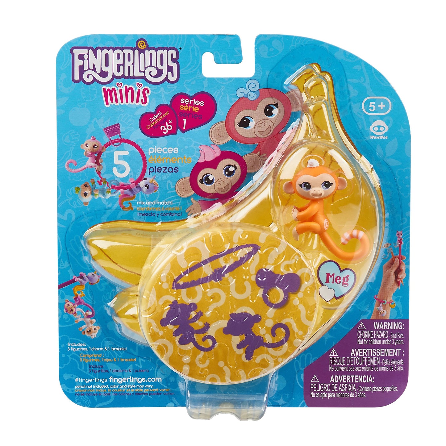 Wowwee Fingerlings Minis-Series 1-5 Piece Banana Blister 3 Figures Plus Bonus Bracelet And Charm