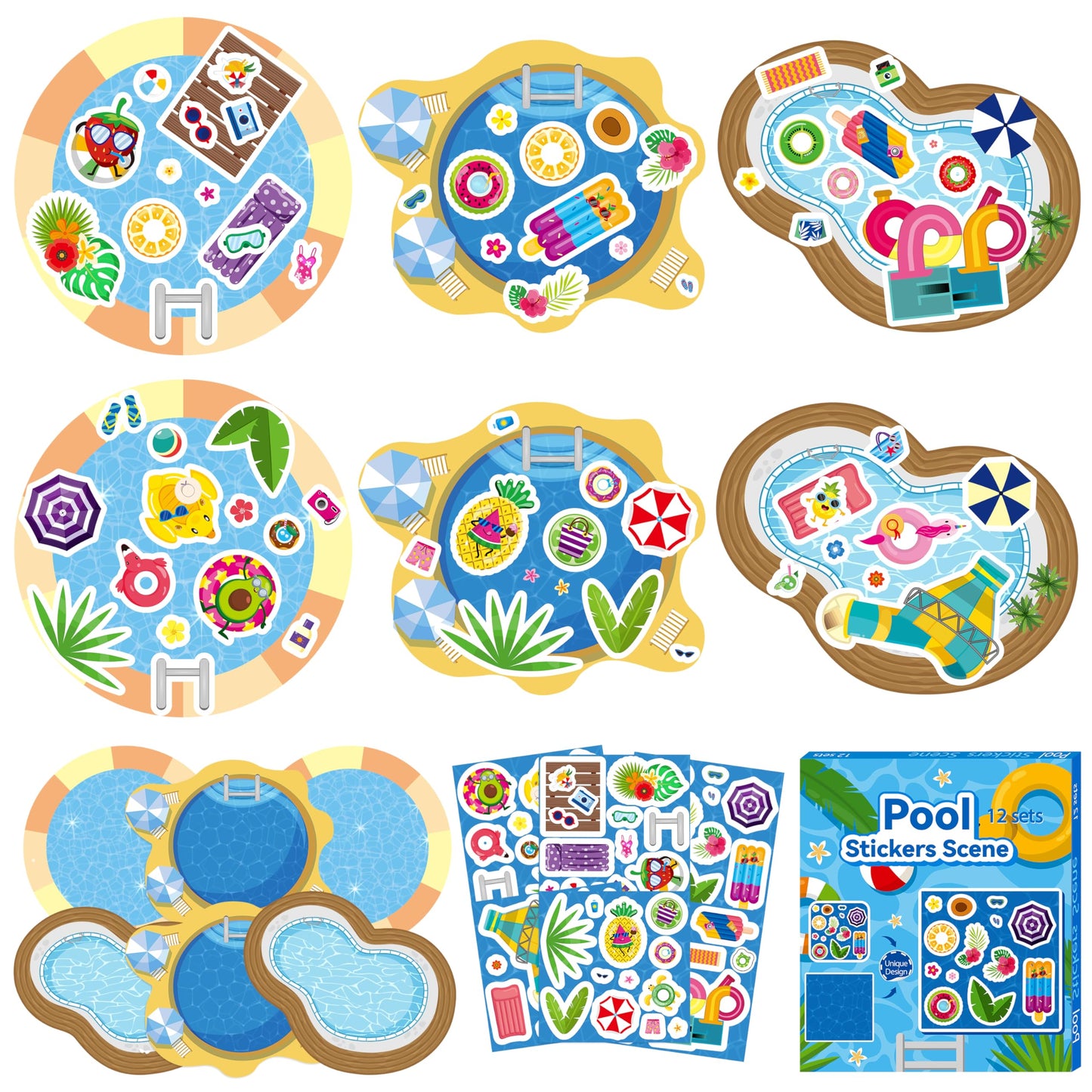 Cy2Side Summer Pool Sticker Scene - 12 Set Make A Pool Scene Art Craft With Swimming Ring For Kids Make Your Own Swimming Sticker Art Craft Diy Summer Party Games Classroom Fun Activities