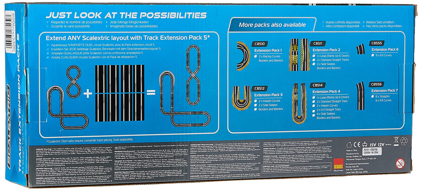 Scalextric Extension Pack 5 1:32 Scale Standard Straights X 8 C8554 Slot Car Track, White
