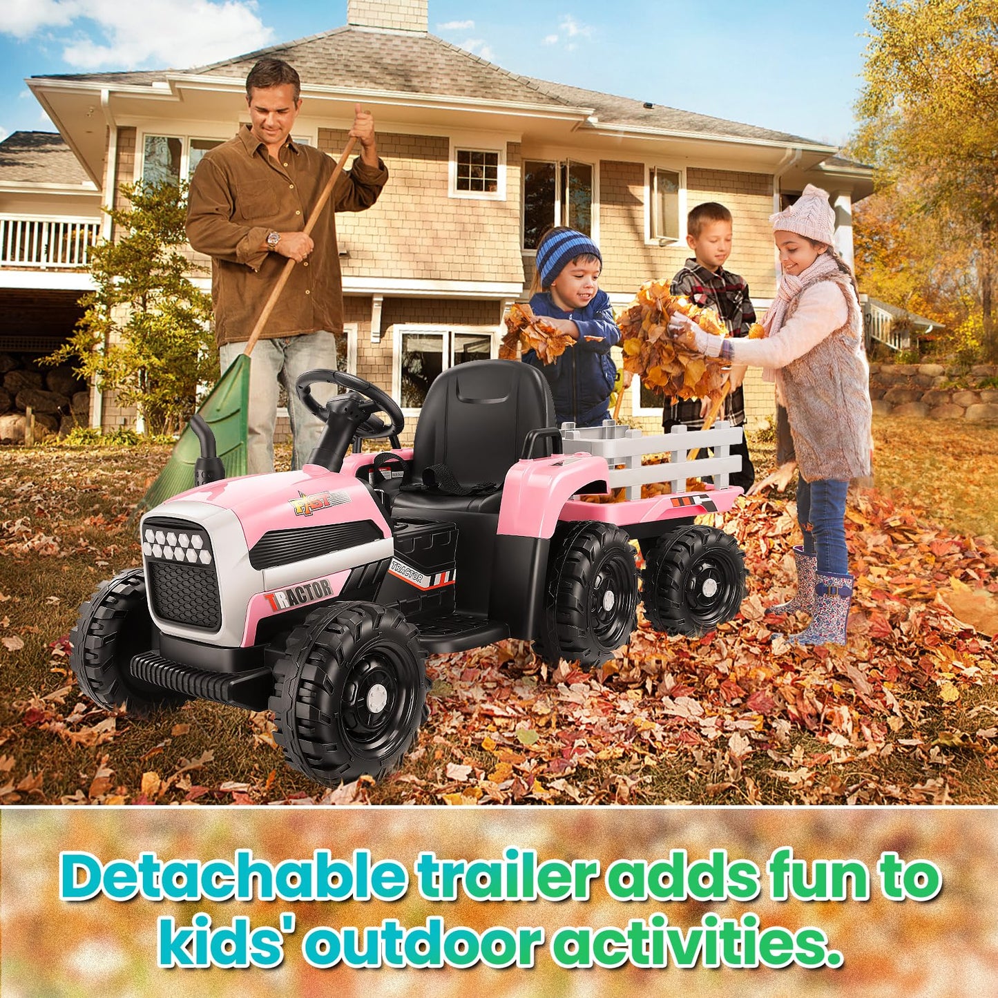 Hikole Ride on Tractor with Trailer, Kids Electric Tractor with Remote Control, Detachable Trailer, 11-LED Headlights, 30W Dual