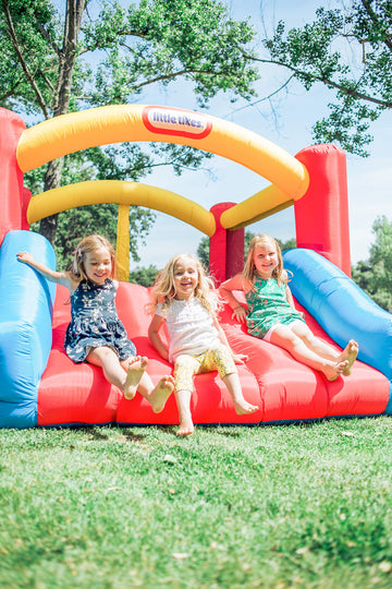 Little Tikes Jump 'n Slide Inflatable Bouncer with Blower, Stakes, and Storage Bag, Regular Size, Multi, Model 620072X1