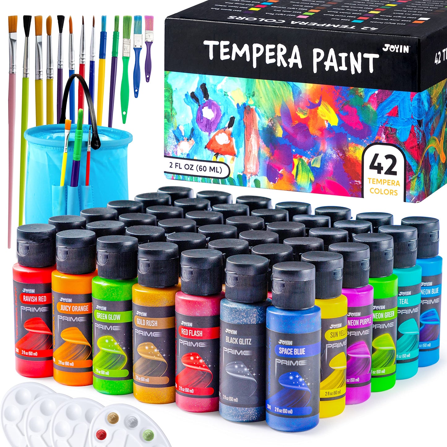 Joyin Washable Paint For Kids 42Pcs - Non-Toxic Kids Paint - Tempera Paint Set (2 Oz Each), Liquid Paint With 15 Brushes And 4 Palettes - Paint For Kids For Arts And Crafts Project, Finger Painting
