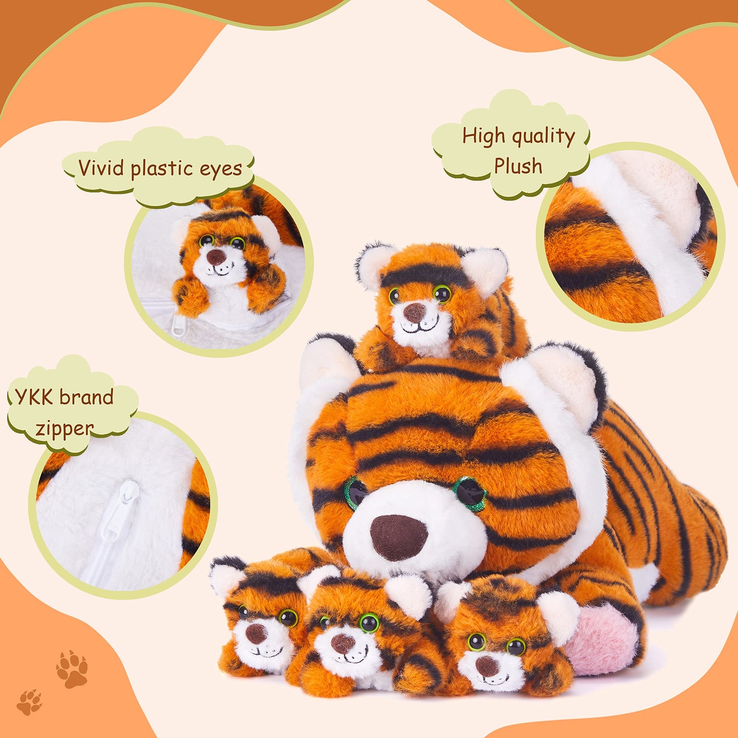 Earthsound Tiger Mom And Baby Stuffed Animal Mommy Plush Toy,16 Cute Small Mama Soft Toy With Mini Little Babies,Family Set Gi