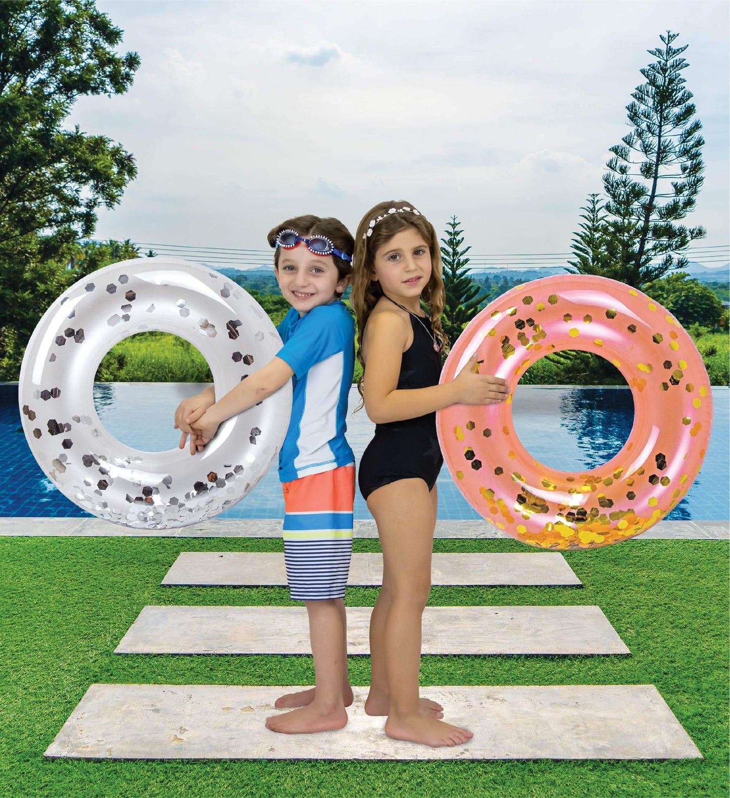 4-Pack Kids Inflatable Pool Floats - Sparkly Confetti-Filled Glitter Pool Float Rings, Cute Pool Floats In Pearl, Silver, Rose Gold, And Gold; Floating Tube Swim Rings For Pool, Beach, Lake - 23 Inch