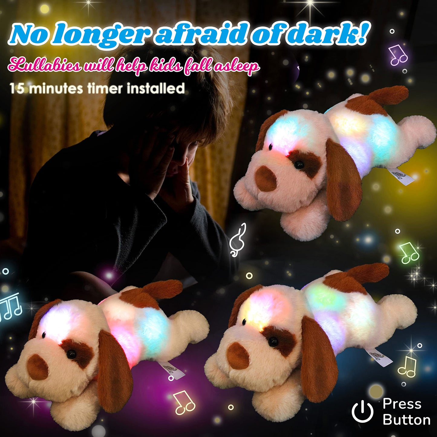 Cuteoy 14' Puppy Dog Stuffed Animals Plush Led Musical Soft Cuddly Dog Toy Doggy Animals At Night Singing Lullabies Great Gifts For Toddlers Kids (Brown)