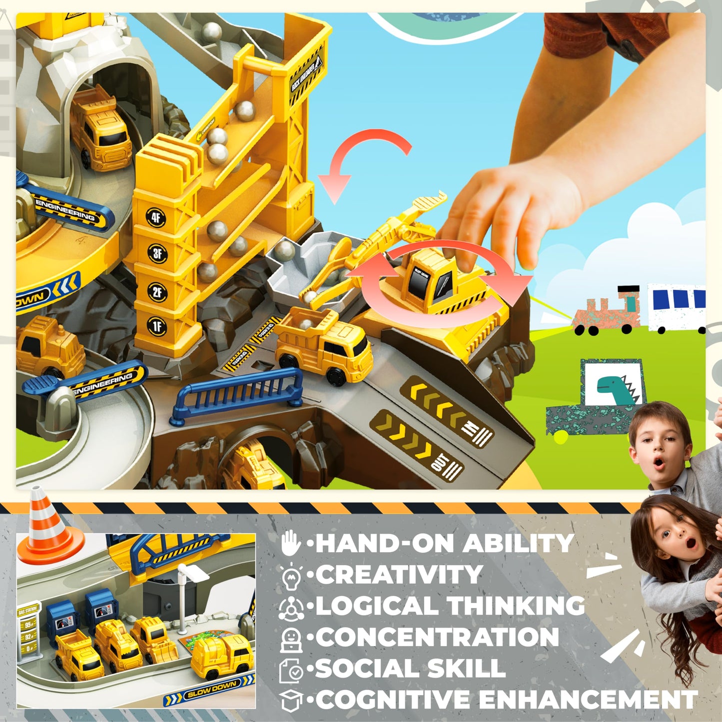 Toys For 3 Year Old Boys - Smiesskiddo 68 Pcs Stem Construction Race Track Set With Music & Mining Scenes | Montessori Learning